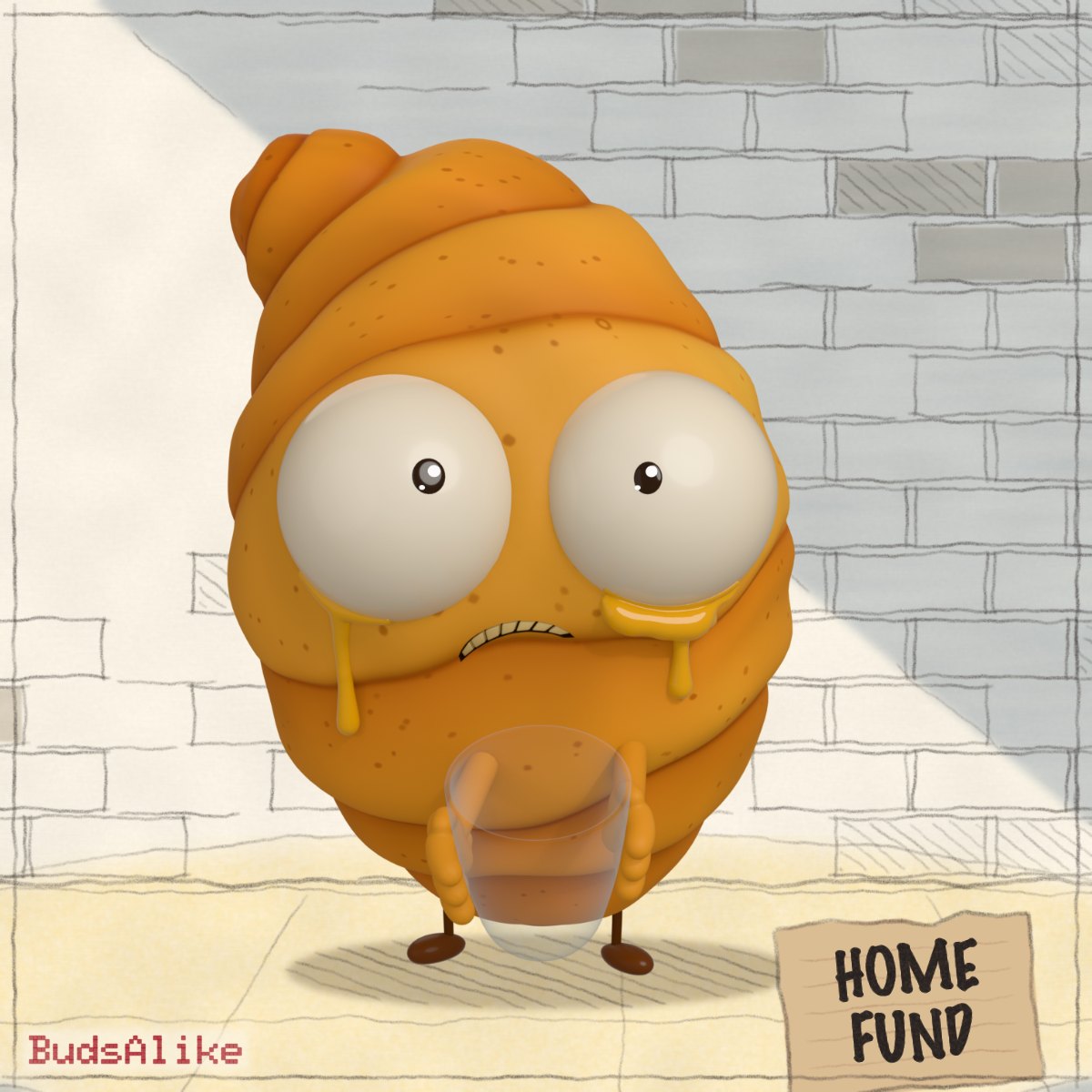 The Croissant, worried, holds out an empty glass under a street lamp. A cardboard sign beside him says HOME FUND.